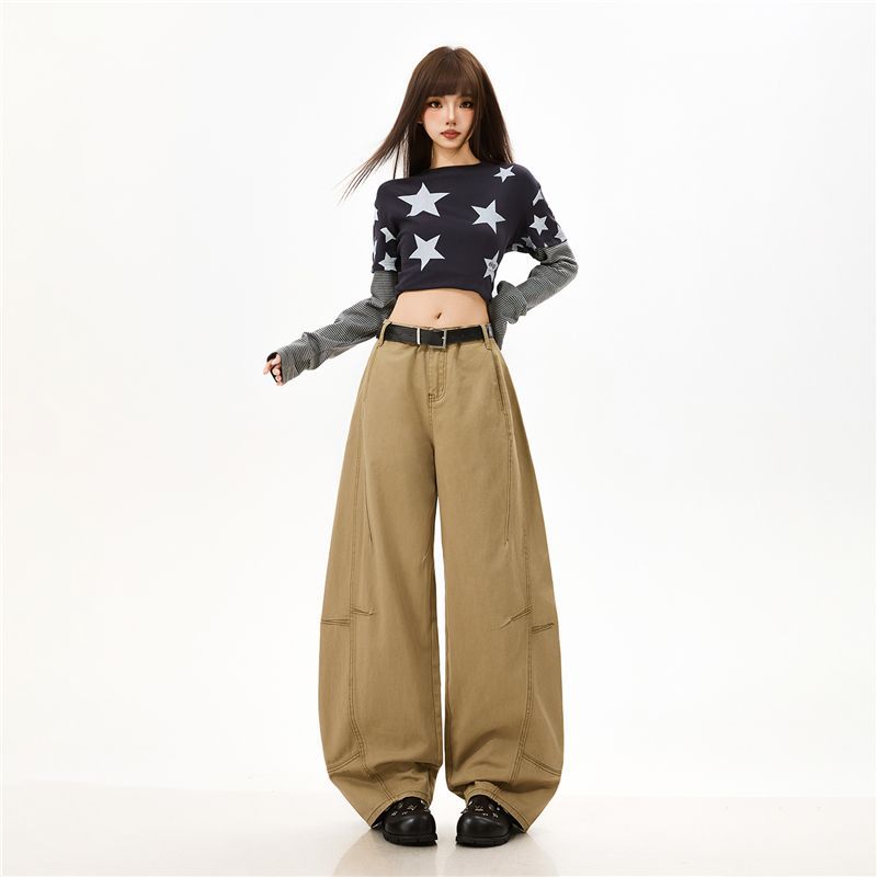 Spring Summer Heavy Faded Washed Camel Pure Cotton Patchwork Loose Saber Cut Trendy Denim Long Pants Ladies Casual Pants Oversize Denim Trousers