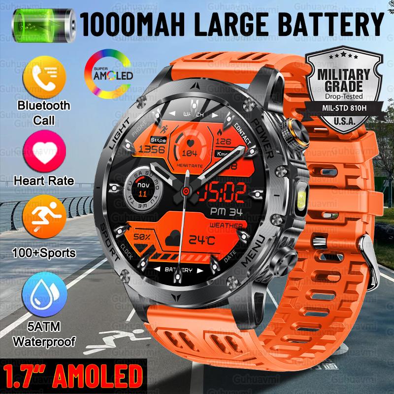 

New Military Sports Smart Watch 1000mAh Battery 5ATM Waterproof LED Flashlight Fitness trackr Smartwatch Men New Sports Watch помаранчевий