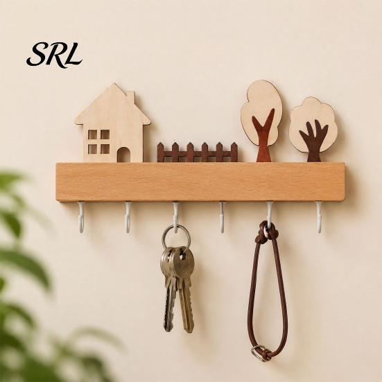 Pet Leash Holder Wooden Key Holder, Solid Wood Organizer with 6 Hooks, Modern Decorative Wall Hooks Mounted Hanger for Entryway Kitchen And