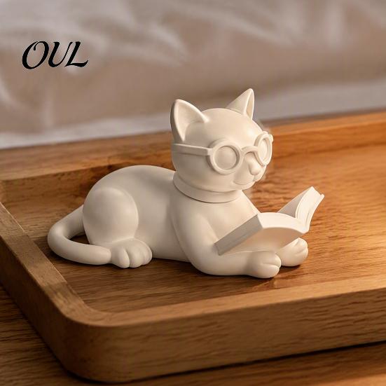 Cat Reading Book Figurine 3D Printed Figurine, Decorative Statue with Eyeglasses, Childlike Room Decoration Creative Animal Desktop Ornament for Home