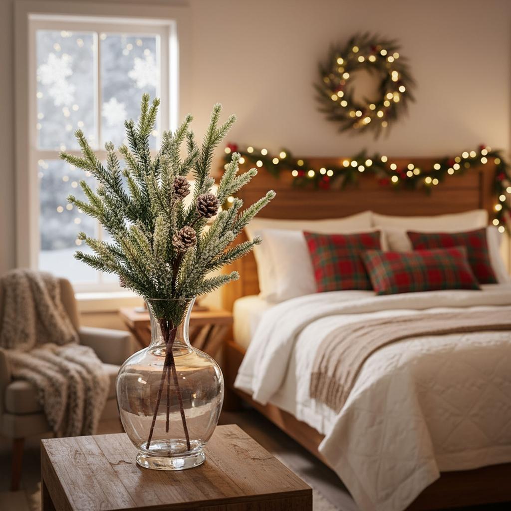 13in Christmas Fake Frosted Pine Pick with Pinecones Stems Artificial Flocking Pine Pick for Wreaths Garden Party Holiday Decor