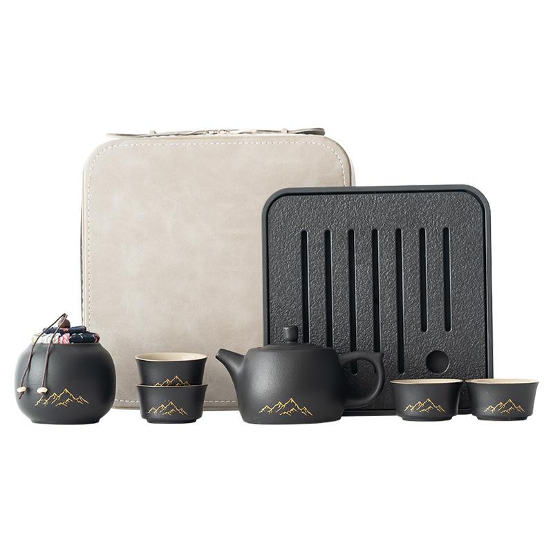 Black pottery kung fu tea set, small set, household living room, modern Japanese simple office guest tea tray, teapot