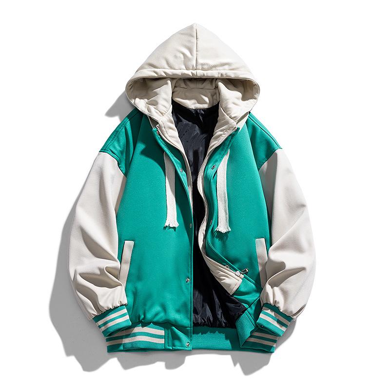 Men's Hong Kong Style Color Block Hooded Baseball Jacket - Trendy Brand, Faux Two-Piece, Plus Velvet Warmth, 2023 Edition