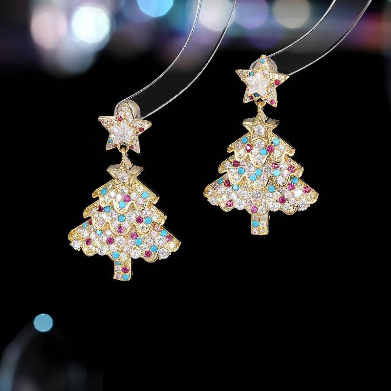 Exquisite Gold Color 3D Christmas Tree Pendant Earrings for Women  Hollow Snowflake Earrings New Year Party Jewelry