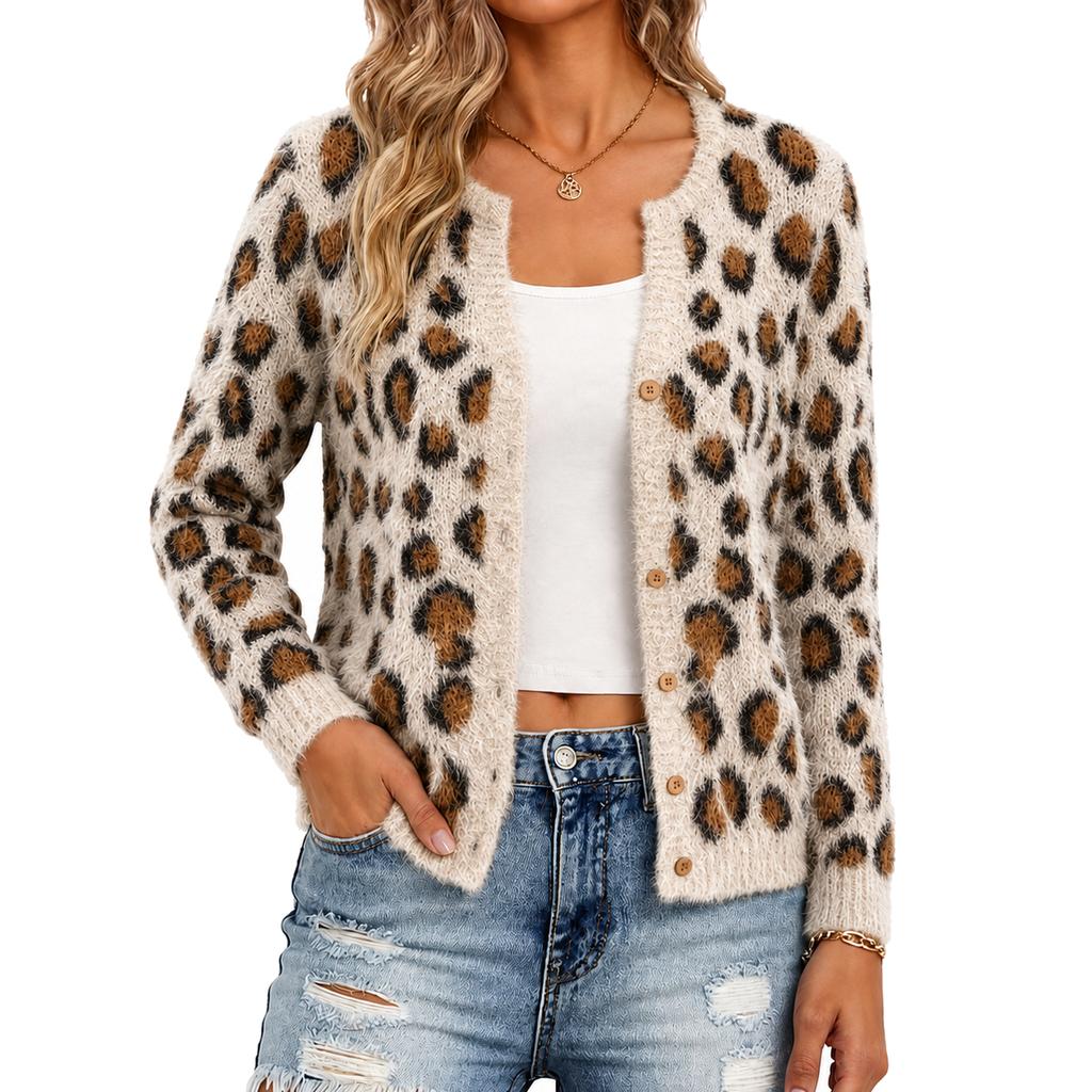 Cardigan maglione con stampa leopardata pigra Maillard 2026 e giacca corta invernale nuova rétro snellente