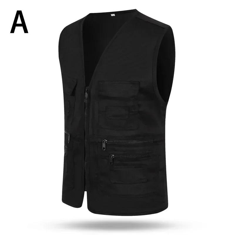 Mens Multi Pocket Group Work Vest Outdoor Tactical Hiking Fishing Vests Solid Photography Director Sleeveless Zipper Jacket Vest L чёрный