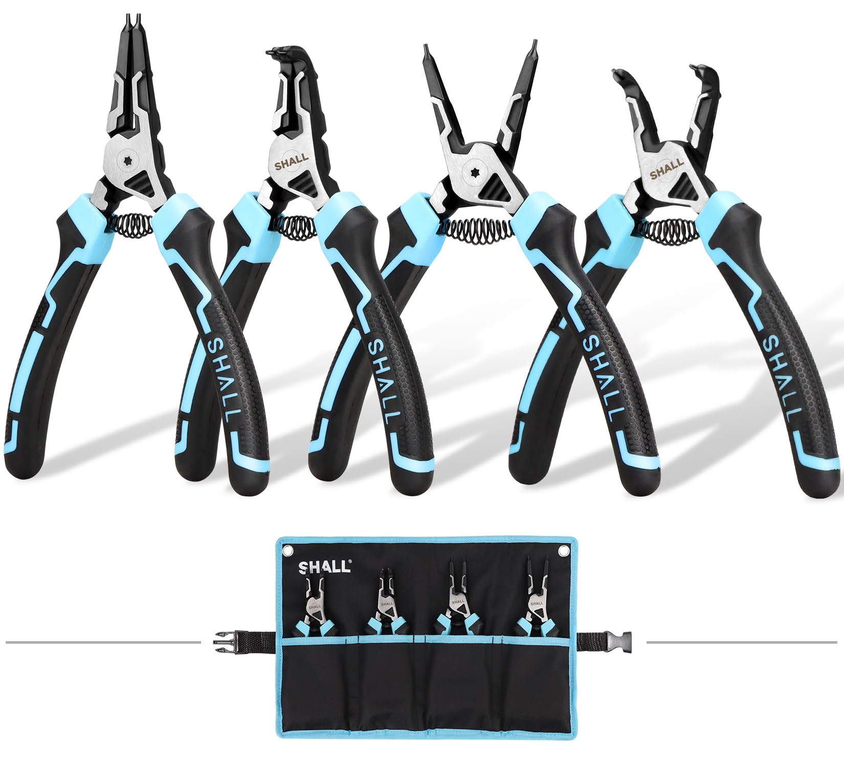 

SHALL Snap Ring with Straight and Curved Jaws for Holes and for Installation and Tool for Work and Includes Portable Pouch 4-Piece Pliers, Cr-V синий