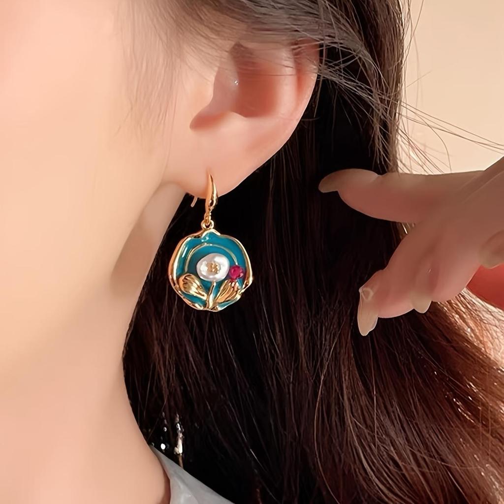 Fashion Drop Earrings For Women's Jewelry French Retro Green Oil Painting Vintage Flower Stud Earrings Luxury Court Style