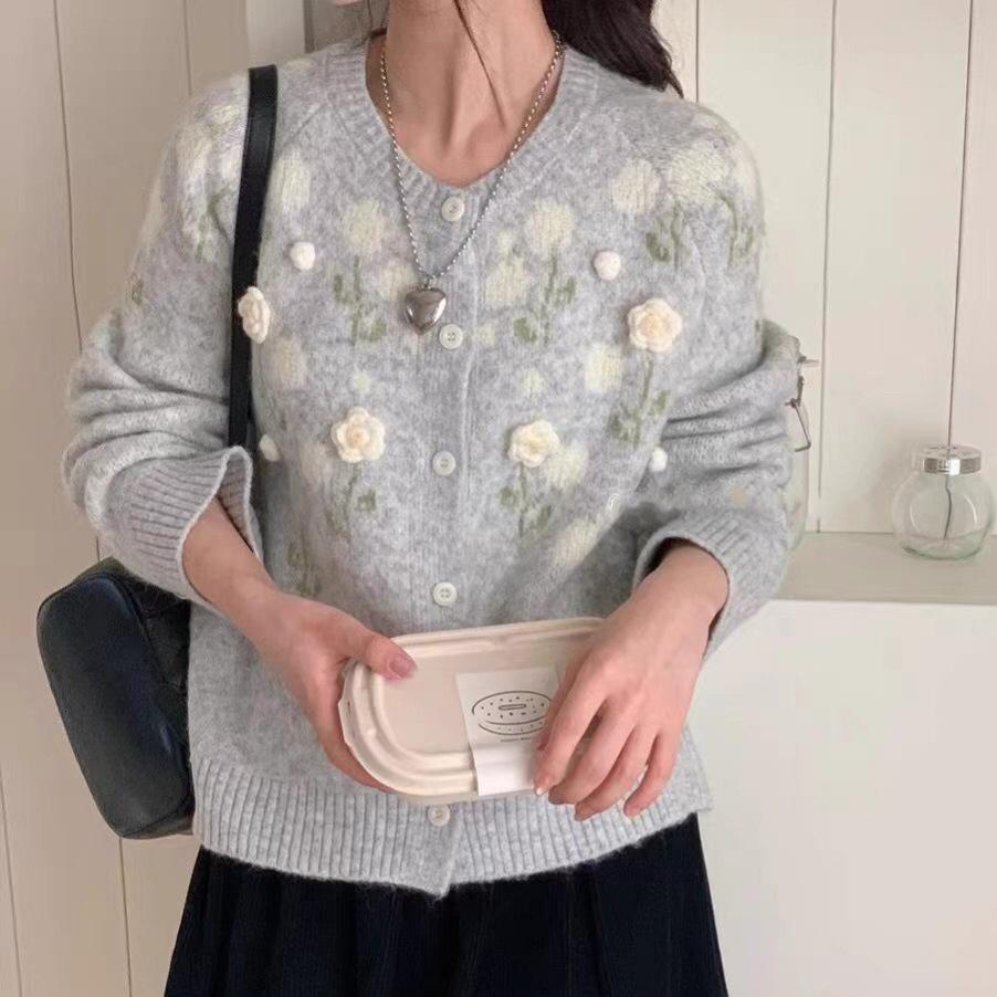 Korean style sweet three-dimensional floral knit cardigan for women, spring/autumn new versatile soft and cozy loose lazy style sweater jacket