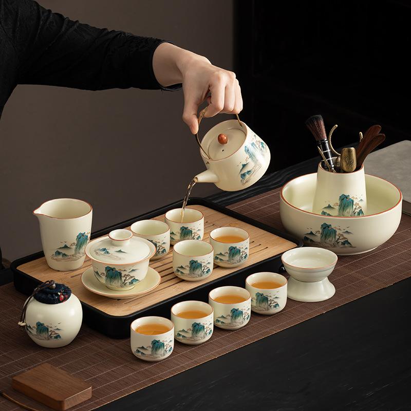 Chinese Ru Kiln High-end Tea Set, Household Brewed Tea, Light Luxury Ceramic Kung Fu Teapot, Portable Teacup, Tea Tray