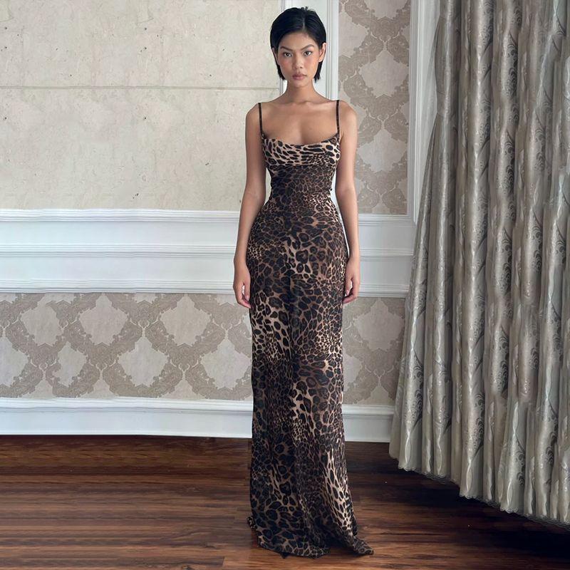 

Fashion Ins Style Sexy Leopard Print Printing Slip Dress Women s Sexy Big Backless Lace-up Waist-Controlled Sheath Dress