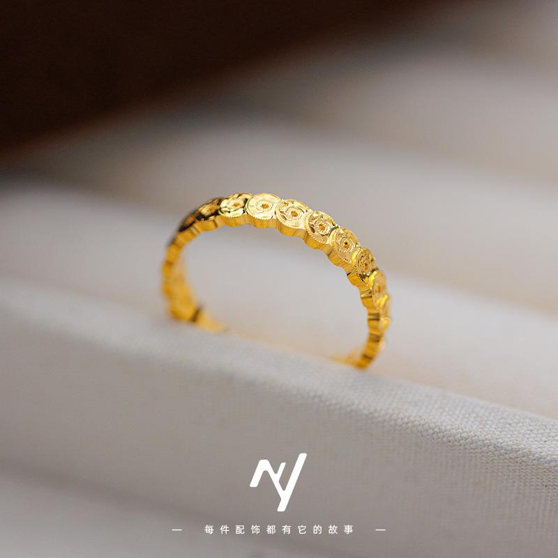 Sand Gold Crushed Ice Money Duoduo Copper Coin Ring, Light Luxury Hollow Coin Closed Ring Plain Ring