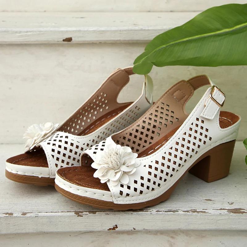 Fashion Summer Sandles for Women Fashion Flowers High Heels Sandals Women Back Strap Hollow Out   Plus Size Thick Heeled Sandalias Mujer