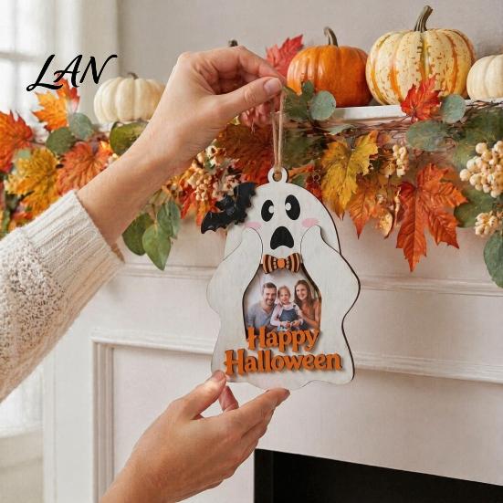 Halloween Home Wall Art Cute Ghost Wooden Photo Frame with Hanging Rope, Creative Theme Decor Picture for Holiday Party And Decoration