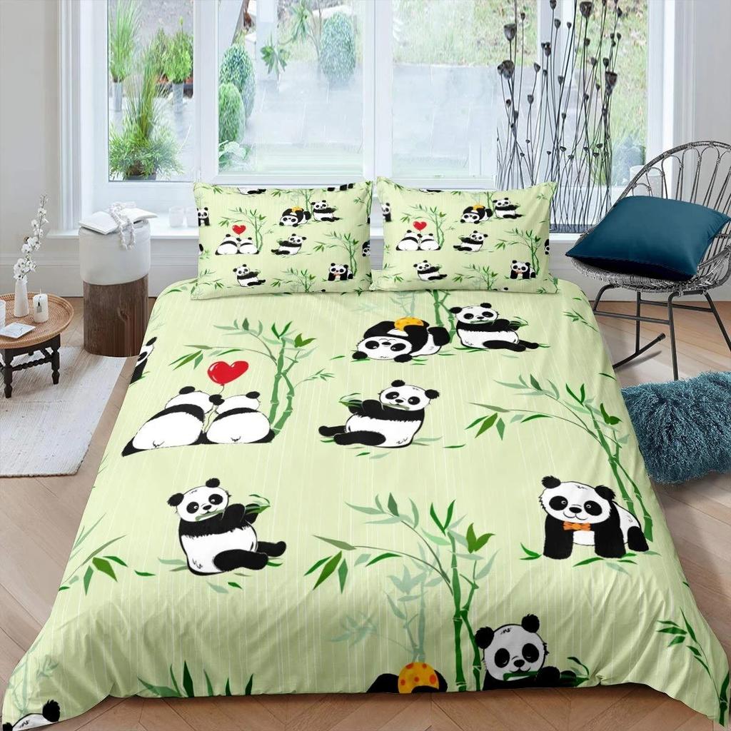 Panda Duvet Cover Set Cherry Blossoms Cute Animal Bedding Set Flower Branches Cartoon Double Queen King Polyester Quilt Cover