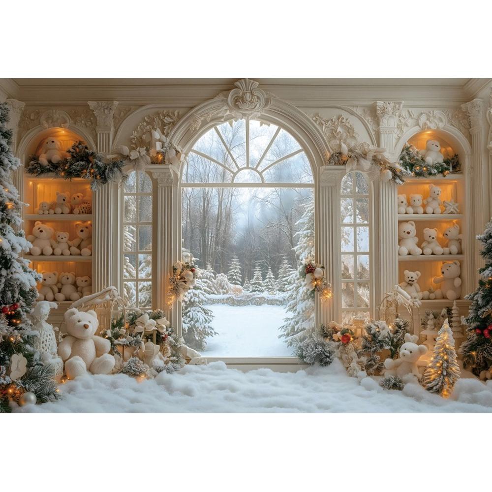 Interior Christmas Decorations Backdrop Arched Window Teddy Bear Shelves Christmas Tree Gifts Family Portrait Photo Background Vinyl 60x40cm