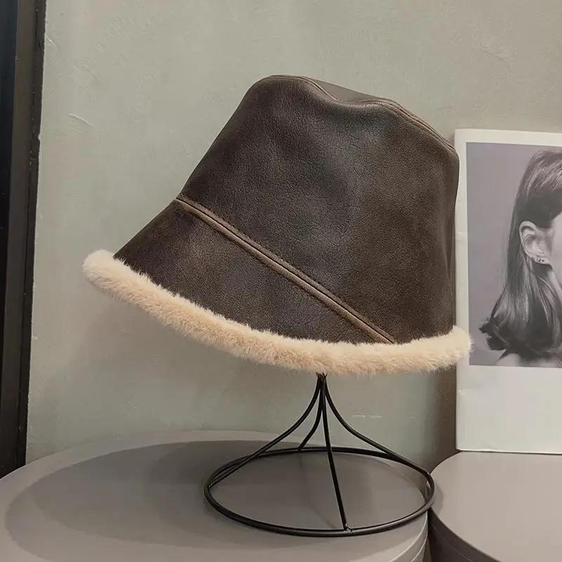 WTEMPO Solid Color Autumn Winter Splicing PU Bucket Hats Female Faux Fur Plush Cold-proof Windproof Hats