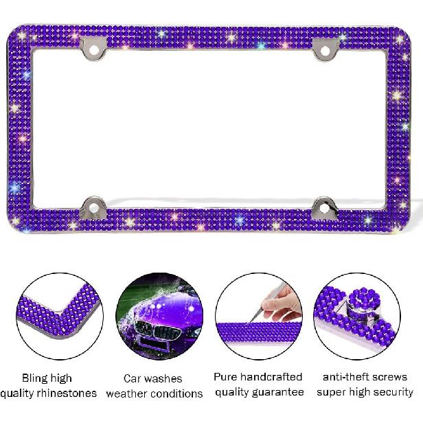 Otostar Bling License Plate Frame, Handcrafted 4 Rows Shiny Rhinestones Stainless Steel 4 Holes License Plate Frame With Anti-Theft Screws Caps Set