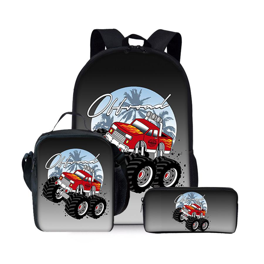 Nouveau Motif Camion Ensemble Trois Pièces Sacs à Dos pour Garçon et Filles Meilleurs Cadeaux Sac à Dos Scolaire Cartoon Plat 2D pour Enfants