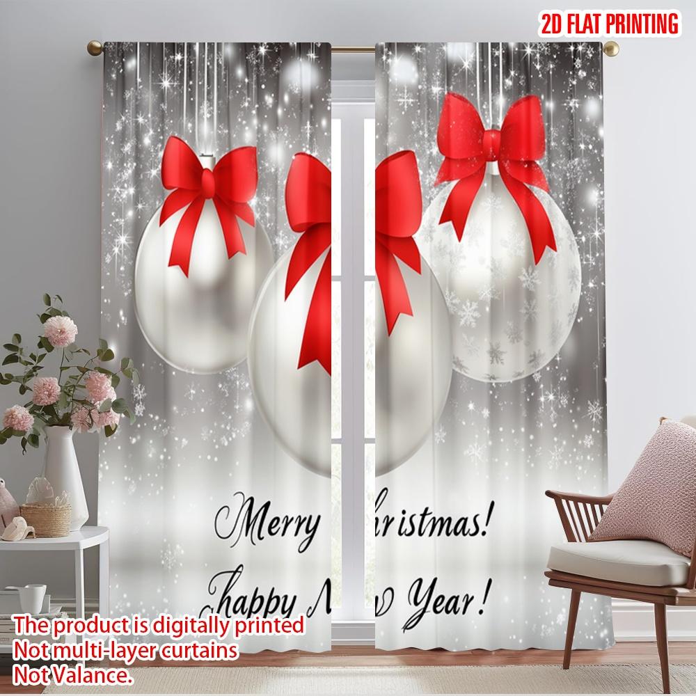2pcs,2D Plane Printing Minimalist Curtains Christmas Baubles Red Bows (3) Polyester (without Rod) Gifts Use for Bedroom, Living