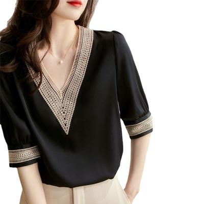 Splicing Hollow Top Summer Black Chiffon Shirt V-Neck Short Sleeve Shirt Women's T-Shirt