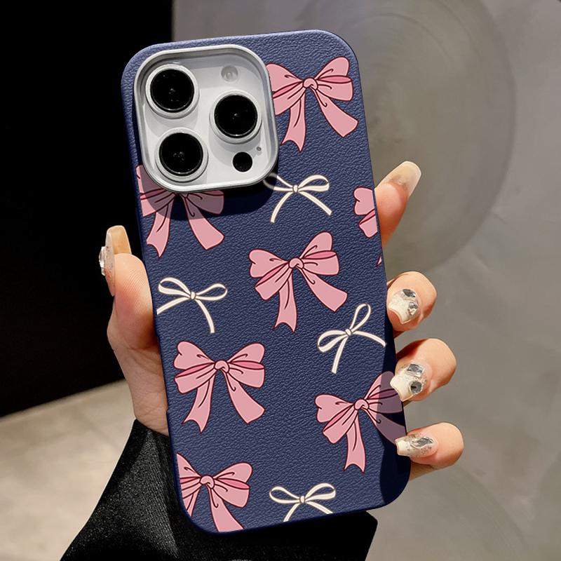 Cute Pink Bow Phone Case For iPhone 16 Pro Max Coque for iPhone 15 14 13 Pro Max 16e Magnetic Leather Texture Silicone Case Cover