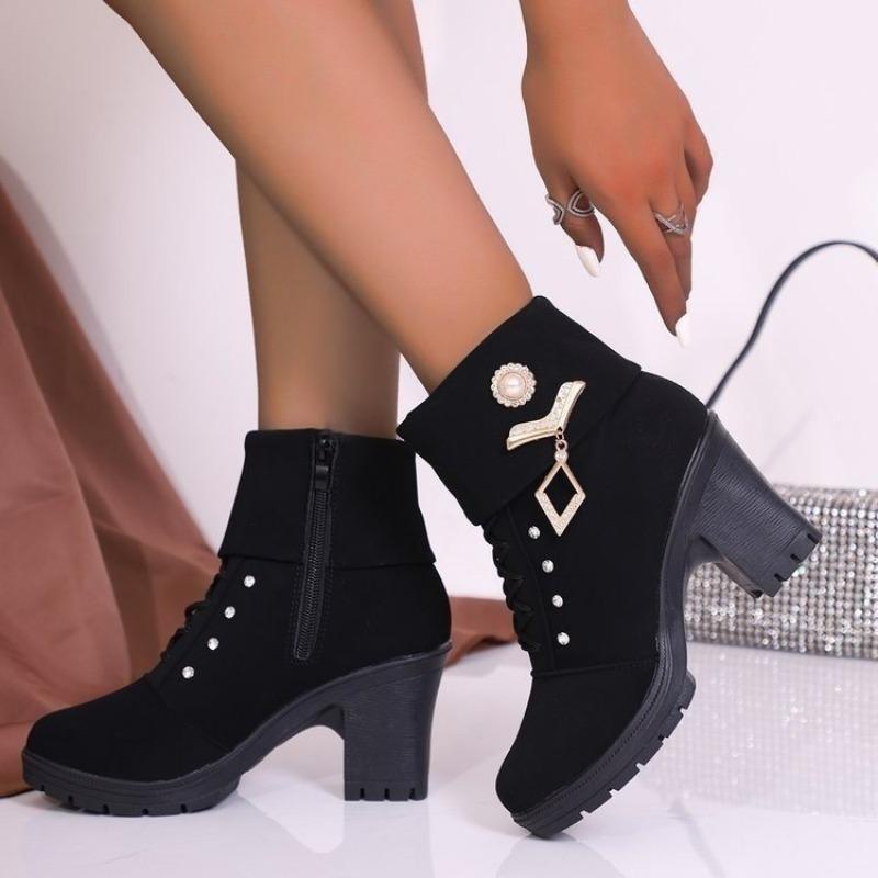 Large size Martin boots autumn and winter new rhinestone women's boots high heel warm cotton boots side zipper fashion boots women