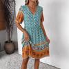 Women's V Neck Short Sleeve Midi Dress Loose Waist Paisley Patchwork Floral Print Boho Casual Dress
