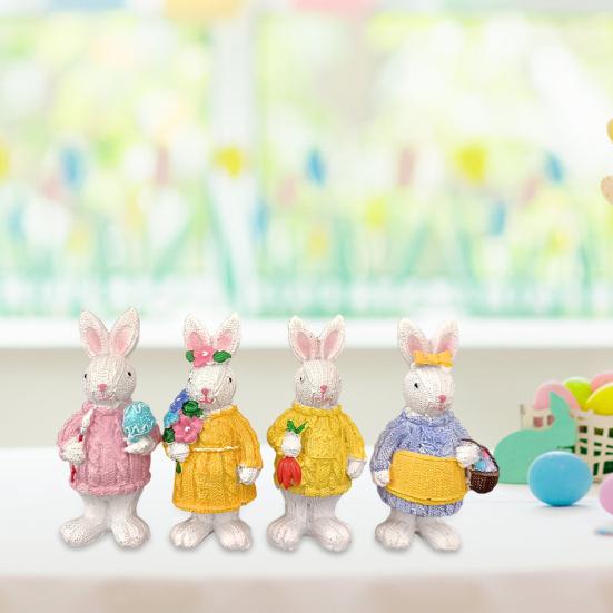 4Pcs Easter Bunny Figurine Holding Flower Egg Knitted Sweater Rabbit Statue Spring Easter Holiday Party Decoration Ornament