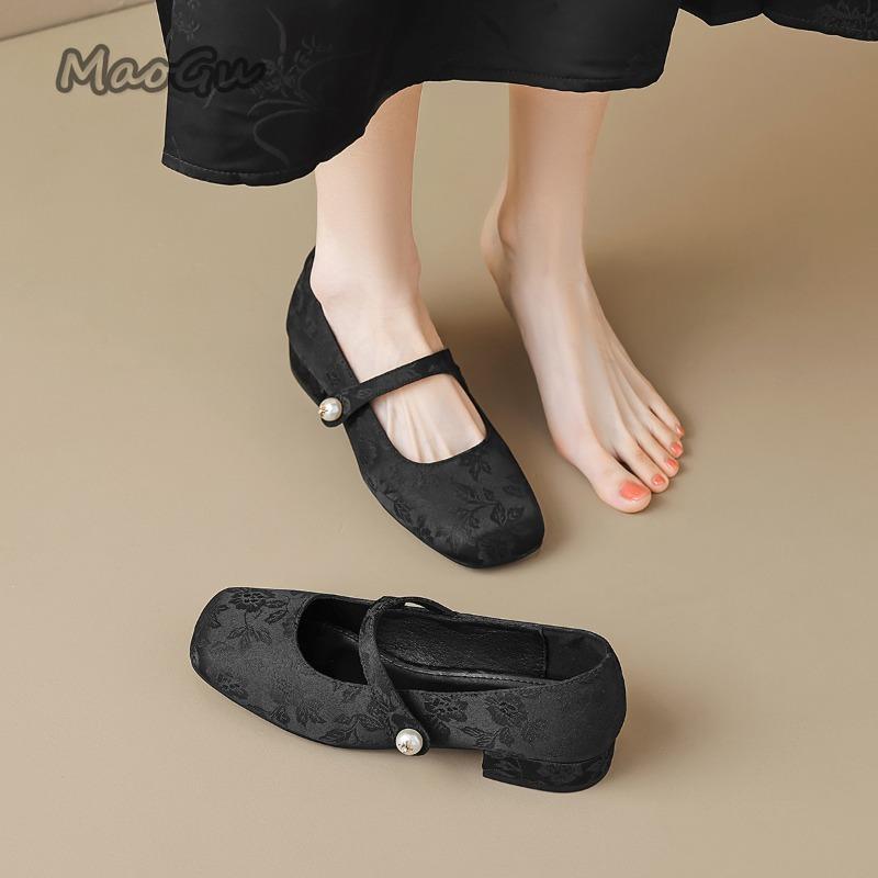 Fashion Elegant Square Toe Low Heel Pumps Women's Thick Heeled Chinese Style Mary Jane Shoes Shallow Mouth Comfortable Shoes for Women
