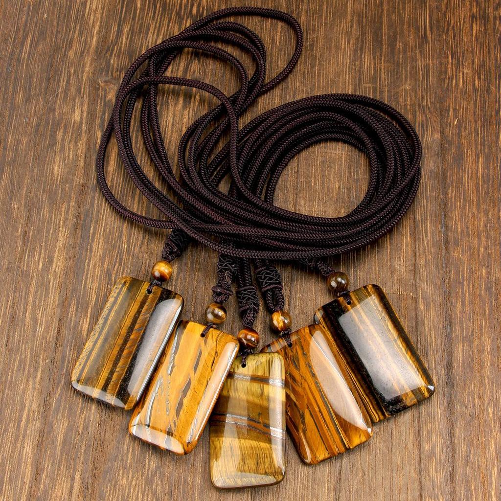 Unisex Retro Tiger's Eye Pendant Necklace - High-End Natural Stone Woven Chain Jewelry