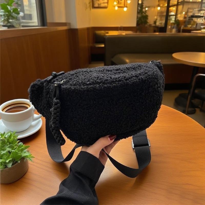 Men s Women s Casual Solid Color Plush Material Chest Bag, Fashiable Daily Commuting Waist Bag, Plush Crossbody Shoulder Bag чёрный