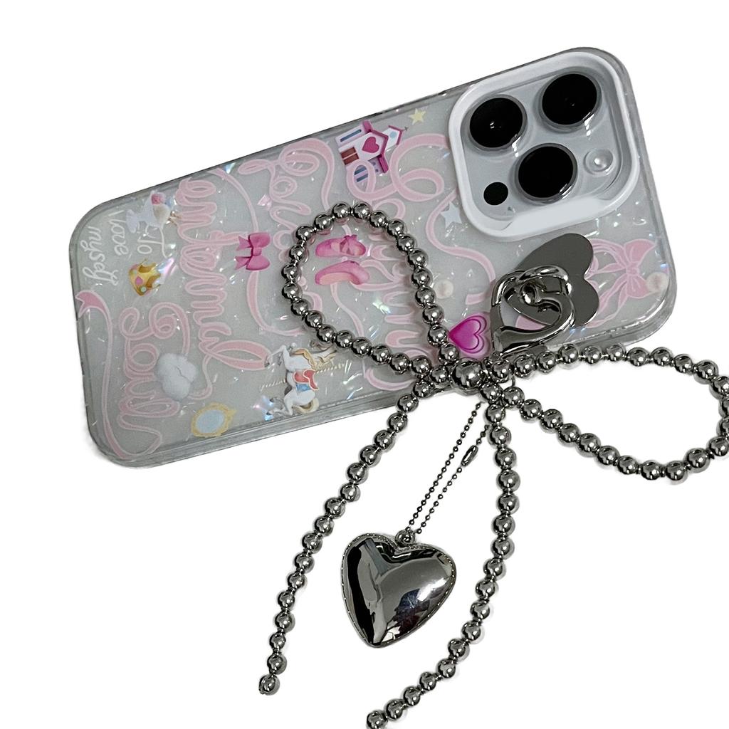 Bowknot Heart Pendant Keychain Beaded Phone Charm Detachable Bows Phone Lanyard Handmade Keyring Jewelry for Bag Purse