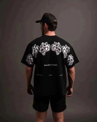 GYM Unisex Wolf Graphic Printed Oversized TShirt Cotton Fitness Short Sleeve Tee