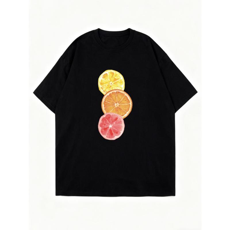 Black Oversized T Shirt With Citrus Fruit Print For  Casual Wear