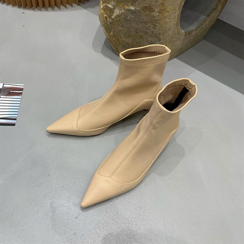 French pointed short boots women's spring and autumn low-heeled fashion soft leather versatile velvet display and bare boots