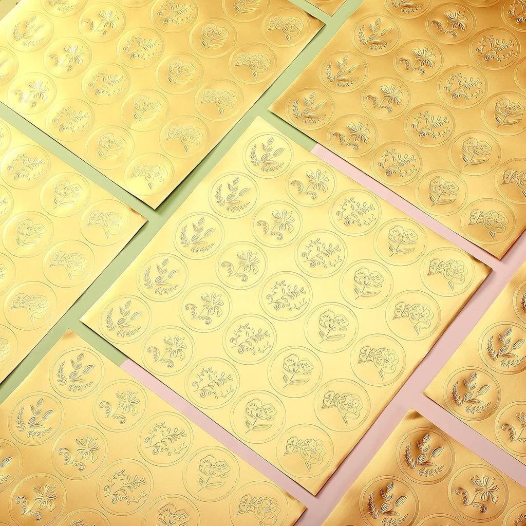 Chinco 500 Pieces Gold Embossed Envelope Seals Stickers Adhesive Seal Stickers Vintage Embossed Foil Certificate Kit Plant DIY Labels for Wedding
