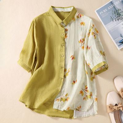 Summer Retro Patchwork Printed Shirt for Women Temperament Short Sleeved Top for Women Blouses & Shirts