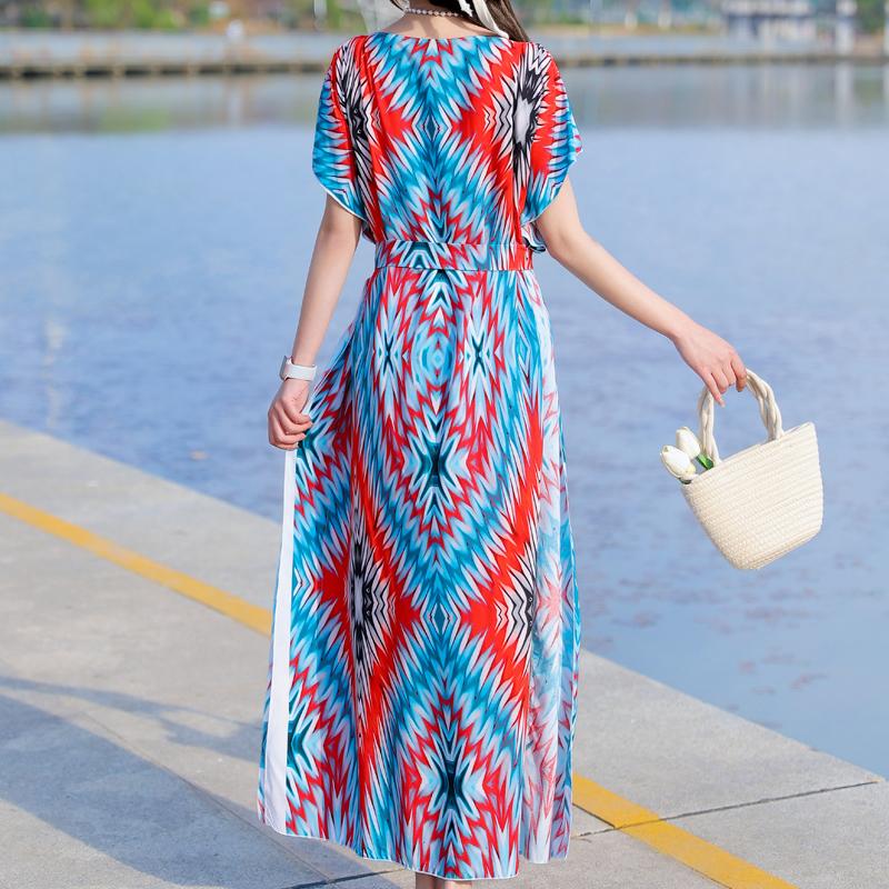 Elegant Summer Casual Dress for Women Vintage Clothes Short Sleeve Loose Long Dress