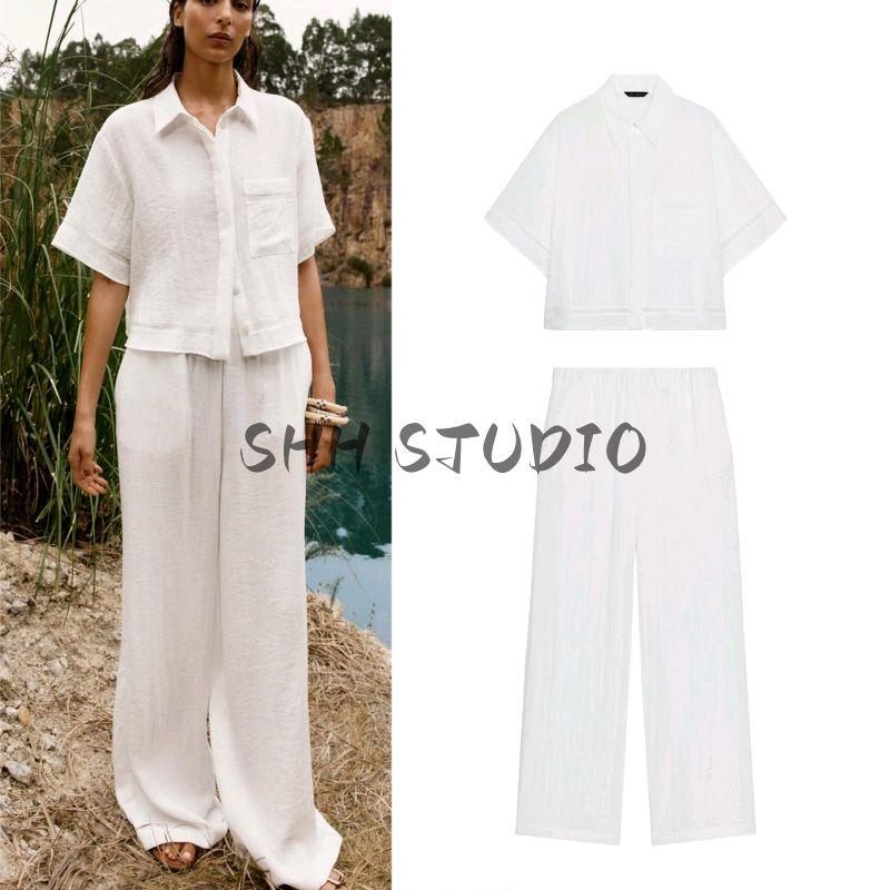 Minimalist Short Sleeve Lapel Short Shirt 8017741 High Waist Distressed Style Wide Leg Casual Trousers 8330741