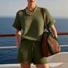 Women's Round Neck Short Sleeve Hollow Knit T Shirt Two Piece Outfit Drawstring Waist Casual Knit Shorts Summer Short Pant Set