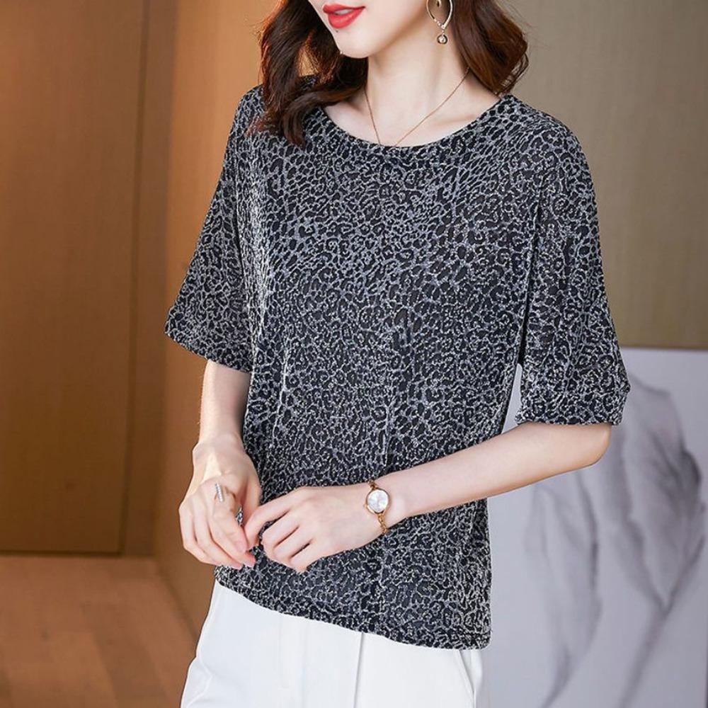 Mom Wears Bright Silk Short-sleeved T-shirt  Women with Large Size Loose Versatile Fashionable Temperament Base Shirt