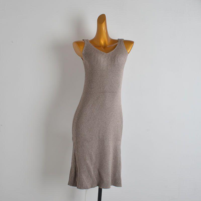 

French Style New Arrival Minimalist Pairs V Neck Elegant Spaghetti Straps Knitted Dress Women s Clothing Spring & Fall Winter Silm Sheath Vest Dress Picture color One size