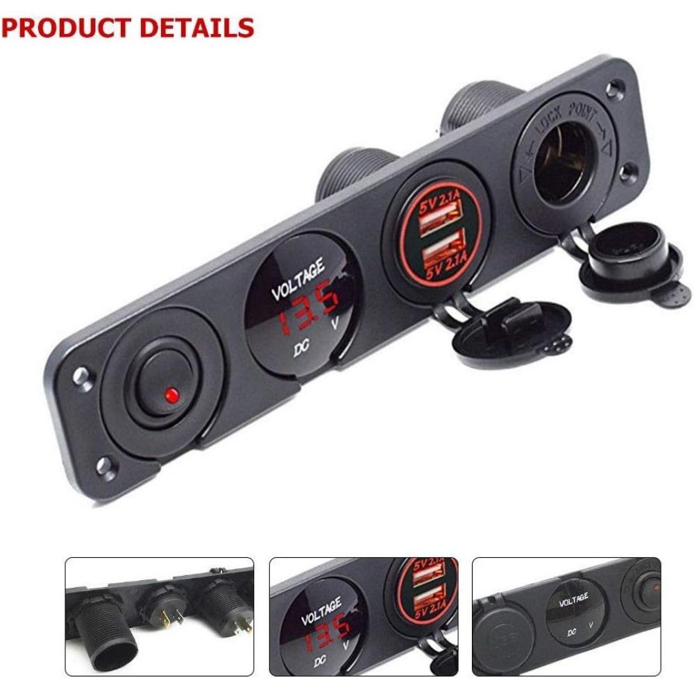 Dual USB Socket Charger + LED Voltmeter + 12V / 24V Power Outlet 3 In 1 Multi-function Three Hole Panel for Truck Trailer Boat Camper Motorhome