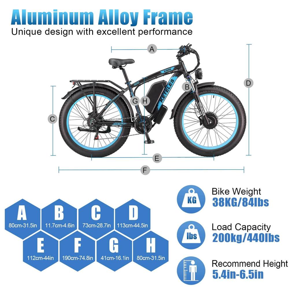 KETELES K800 Dual Motor Electric Bike with 2000W, 48V 23AH Battery, 26" Fat Tires, Lockable Suspension Fork Road E-Bike