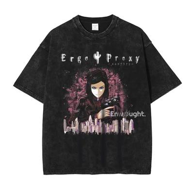 Ergo Proxy T-Shirt Anime Mayer Re-l Übergroß Vintage Gewaschene T-Shirts Streetwear Retro Manga DTG Druck Oberteile T-Shirts Herren Baumwolle
