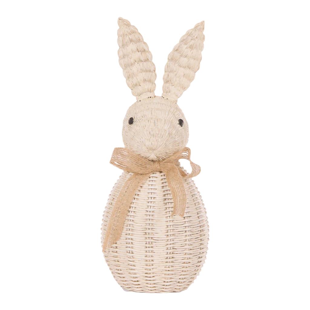 Faux Wicker Easter Bunny Figurines, Rattan Effect Plastic Statues With Blue Bows, Rustic Easter Table Centerpiece & Shelf Easter Decor