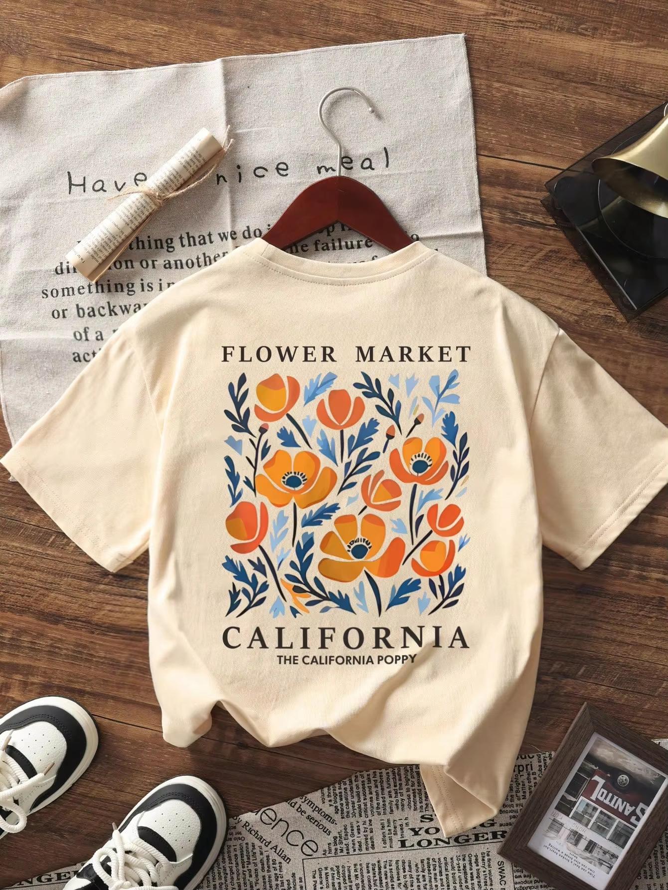 

New Stylish Design California Floral Printed Tshirt Casual Round Neck Short Sleeve TShirt Fashionable Versatile Women Top Tee S