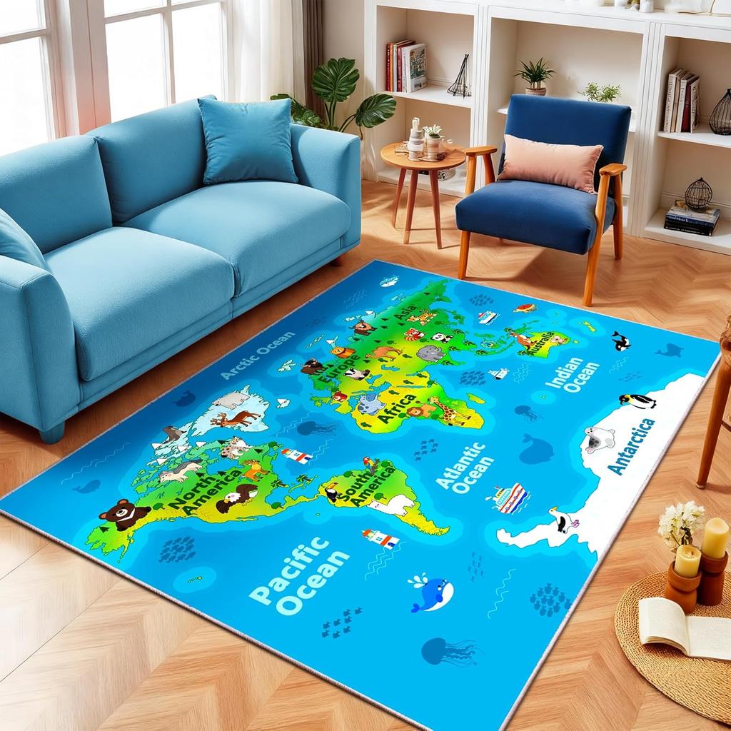 Tappeto Gioco Mappa del Mondo Educativa per Bambini Mappa con Animali dei Cartoni Animati e Vita Marina Tappetino Antiscivolo per Sala Giochi