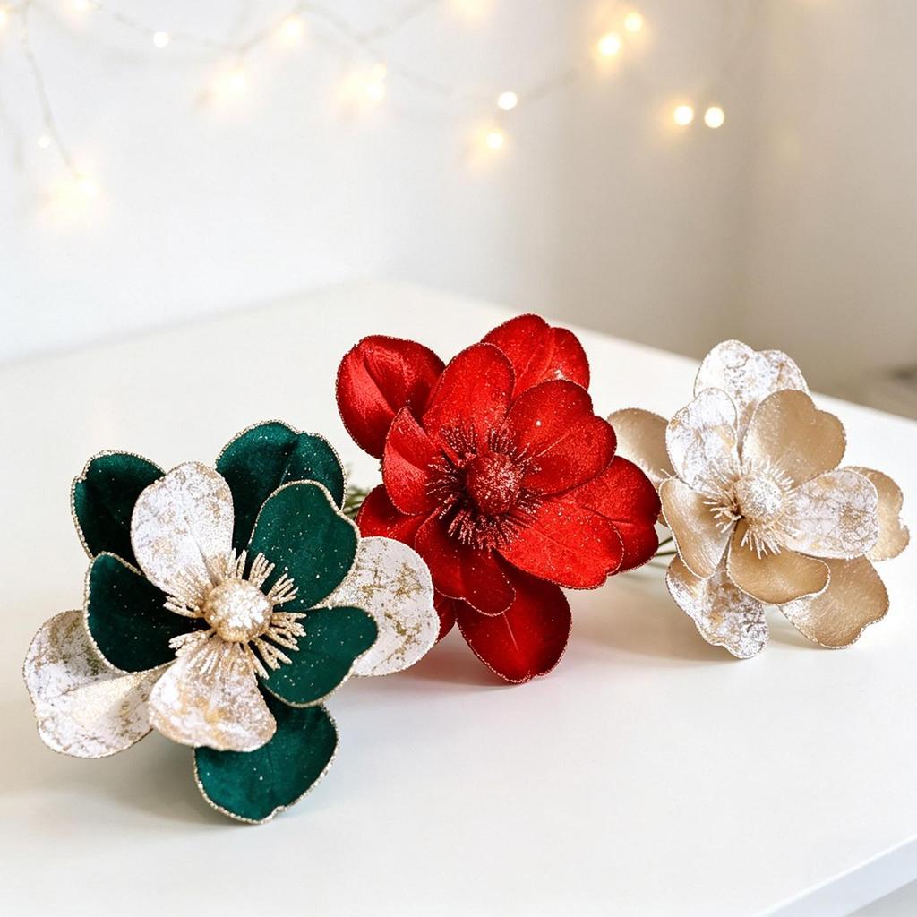 Christmas Tree Decoration: Red, Gold, Green Magnolia Fabric Flowers with Inserted Branches.